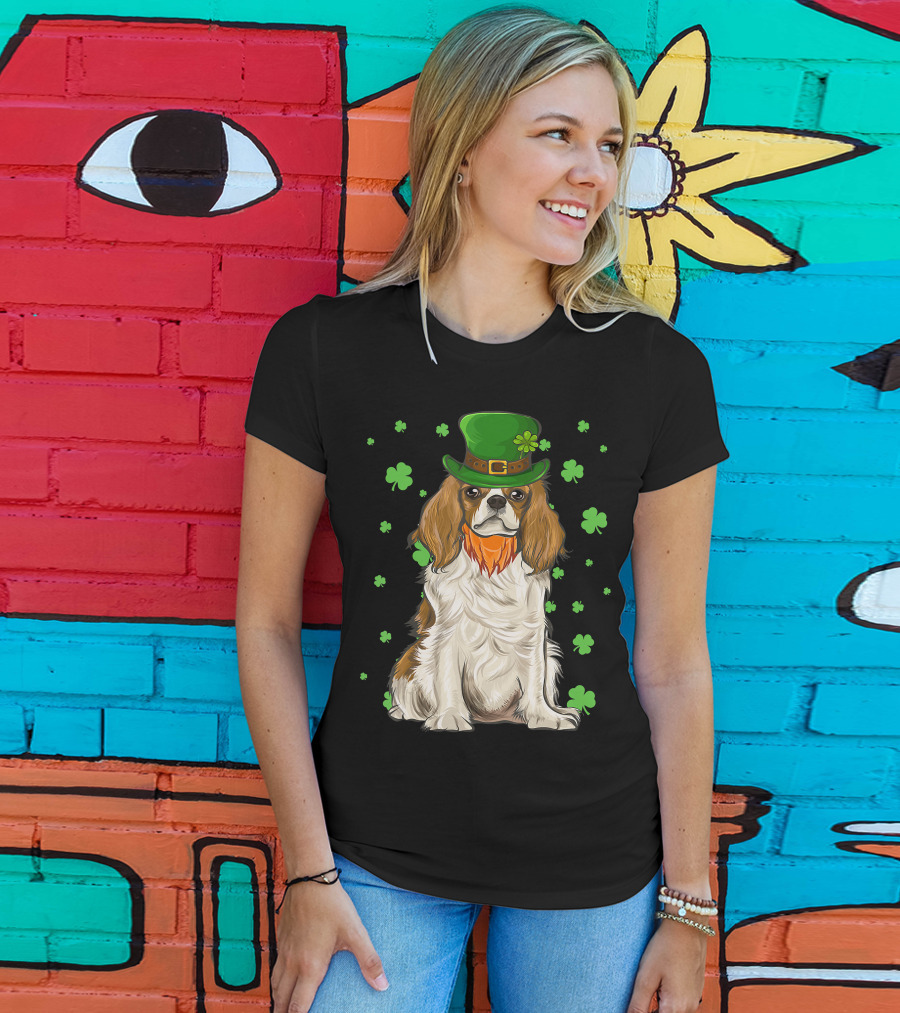 St Patricks Day Cavalier King Charles Spaniel Green Hat Clover T-Shirt