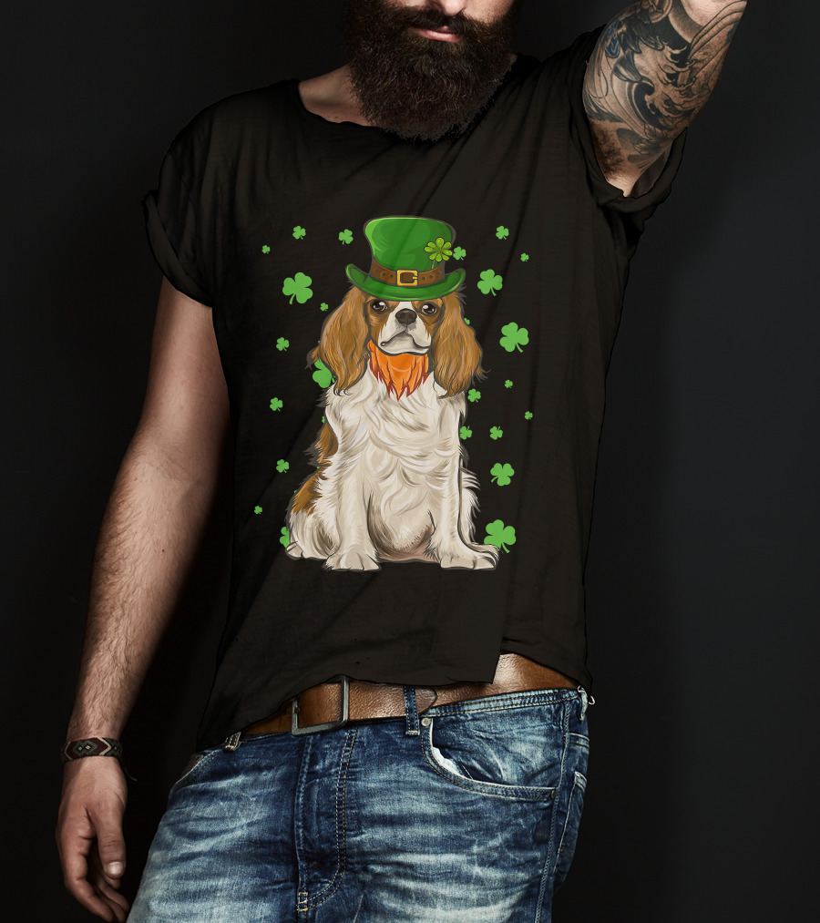 St Patricks Day Cavalier King Charles Spaniel Green Hat Clover T-Shirt