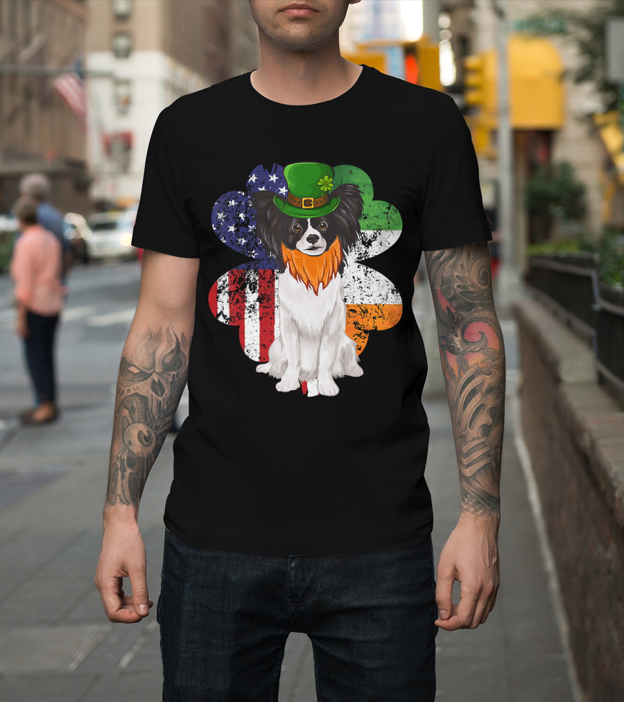 St Patricks Day Irish American Flag Papillon Dog With Leprechaun Hat And Shamrock T-Shirt
