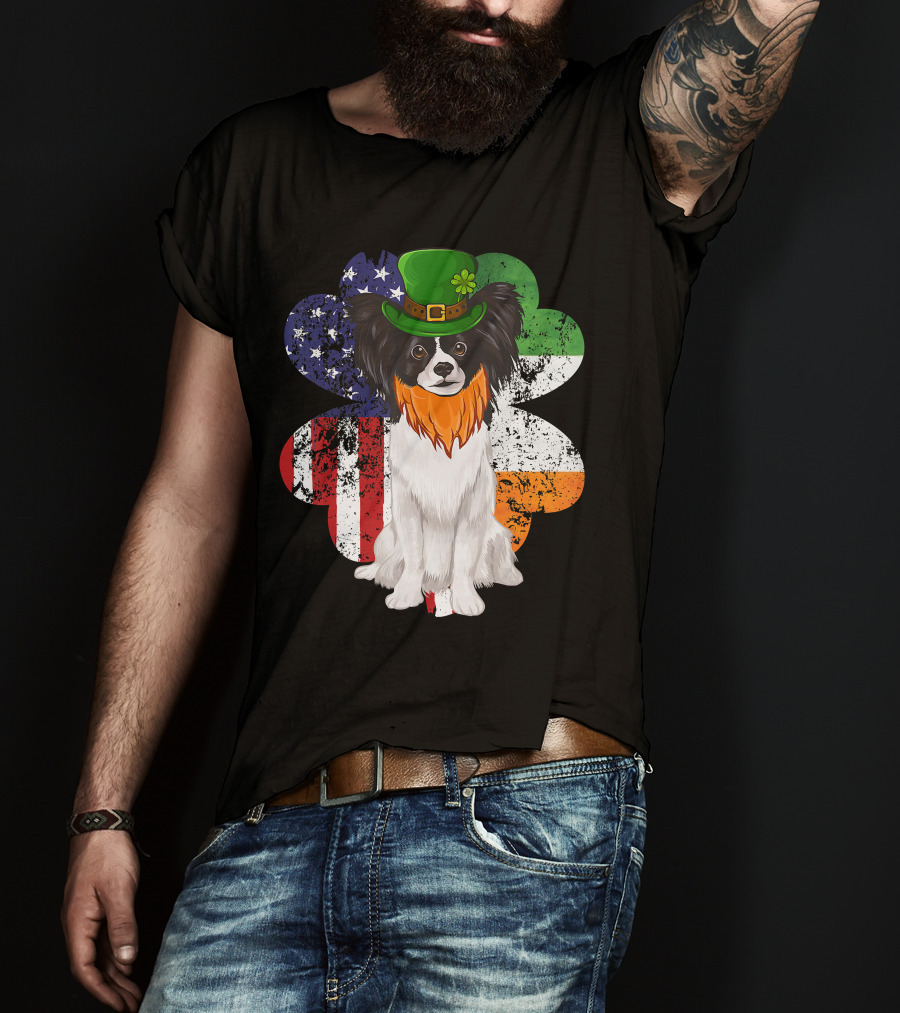 St Patricks Day Irish American Flag Papillon Dog With Leprechaun Hat And Shamrock T-Shirt