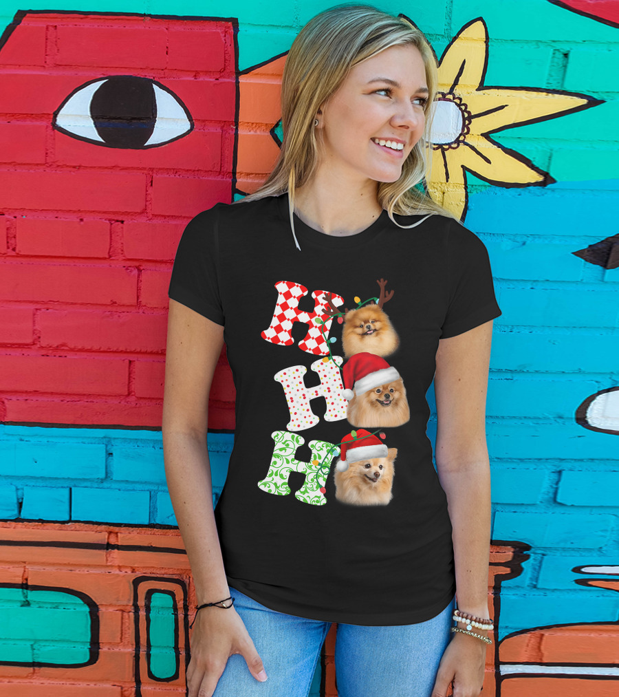 Ho Ho Ho Pomeranian Santa Hat Reindeer Antlers Christmas T-Shirt