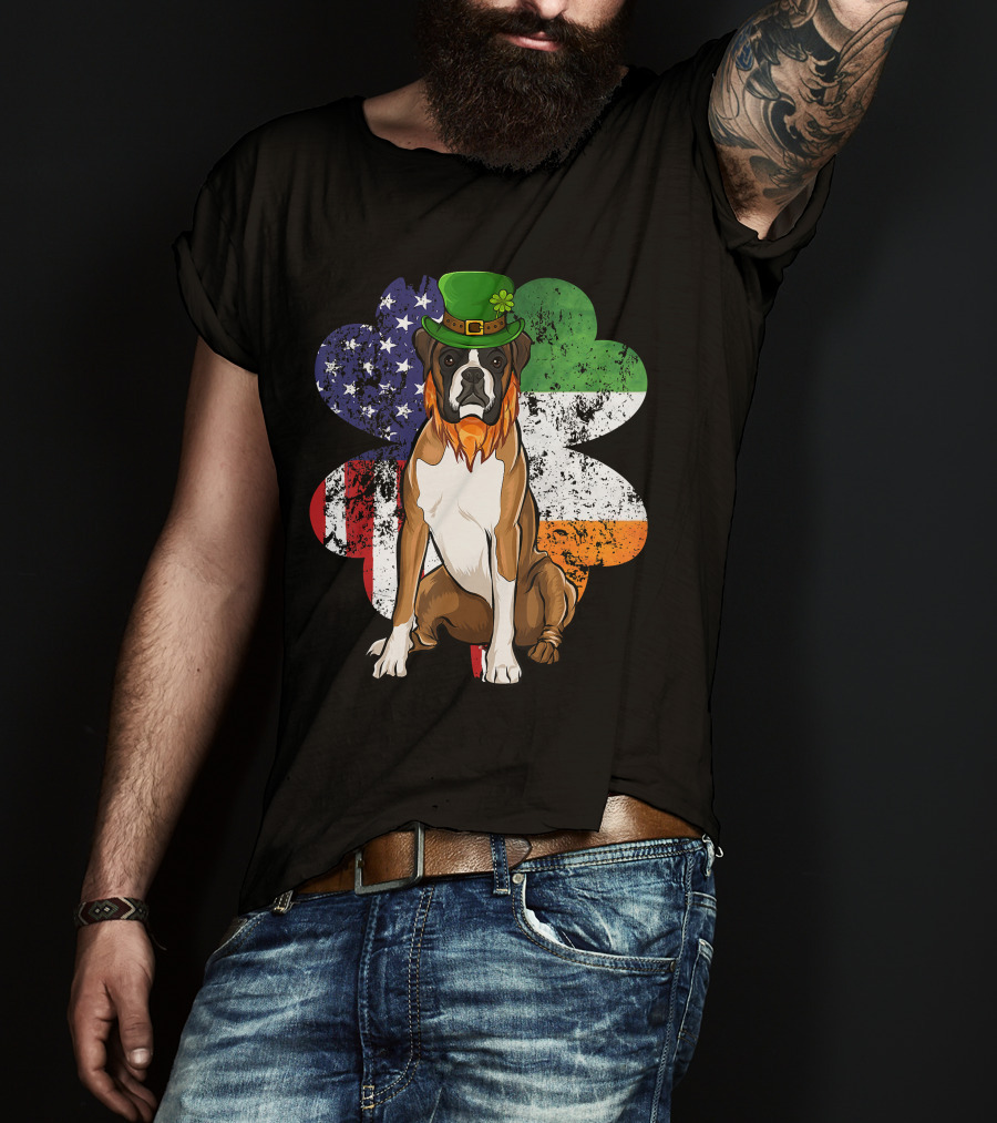 St Patricks Day Boxer Dog With Irish American Flag Shamrock T-Shirt