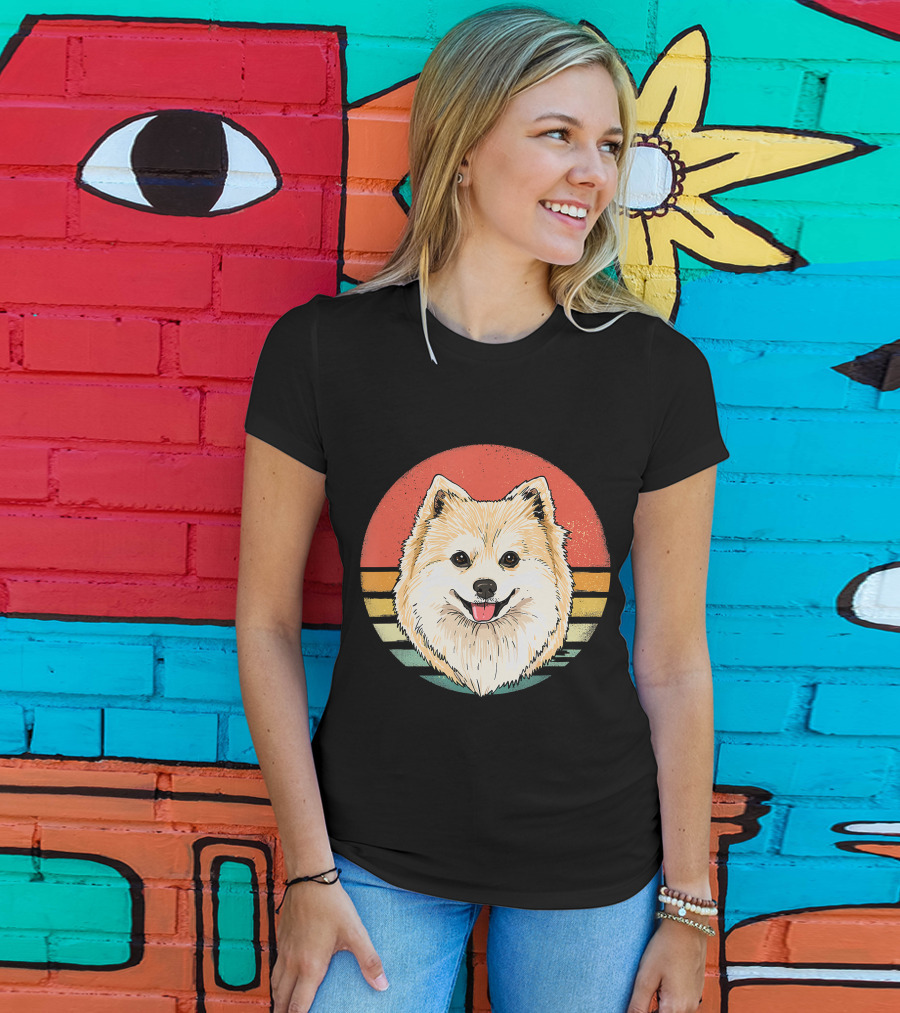 Retro Vintage Pomeranian Dog Breed Sunset Stripes T-Shirt