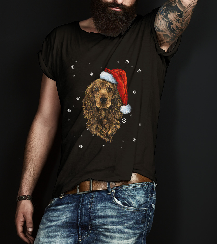 Cocker Spaniel Christmas Dog With Santa Hat And Snowflakes T-Shirt