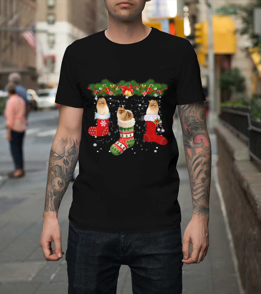 Three Pomeranian Dogs in Christmas Stockings Santa Holiday T-Shirt