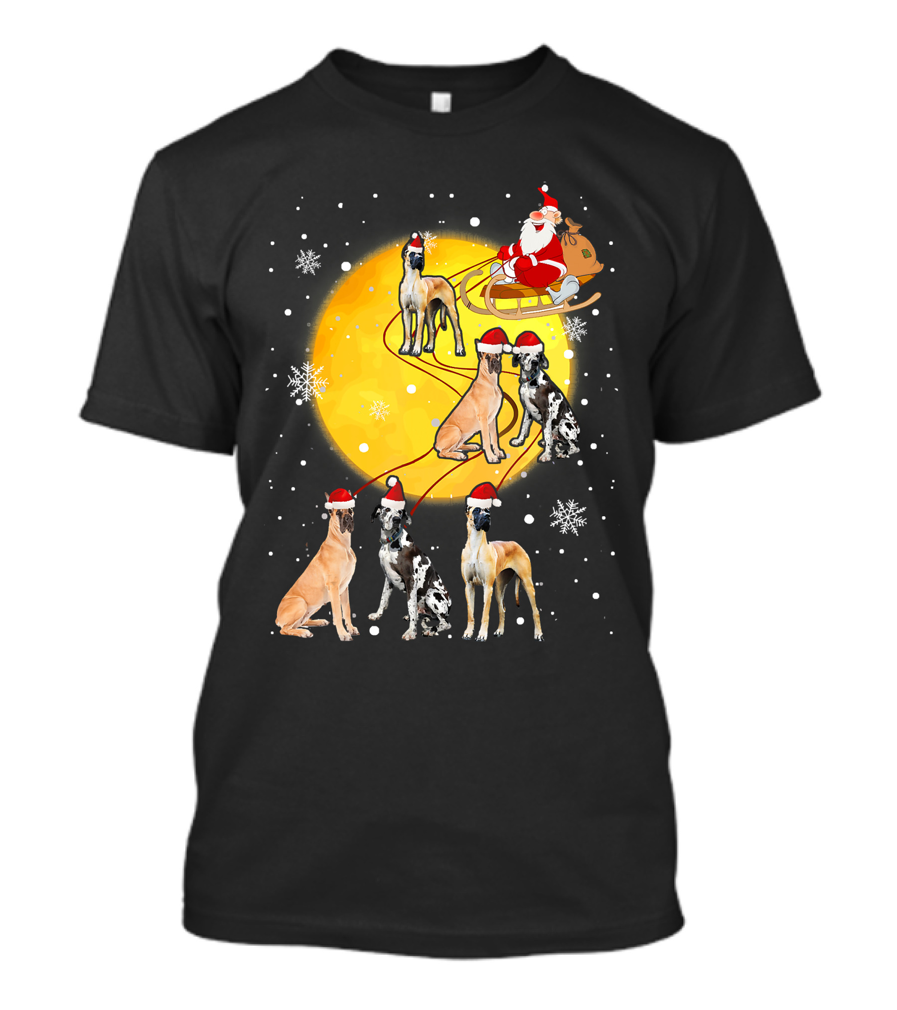 Santa Claus Sleigh Great Dane Reindeer Pack Moon Snowflakes T-Shirt