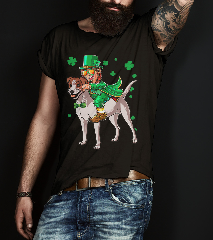 Leprechaun Jack Russell Terrier Riding Shamrock Luck T-Shirt