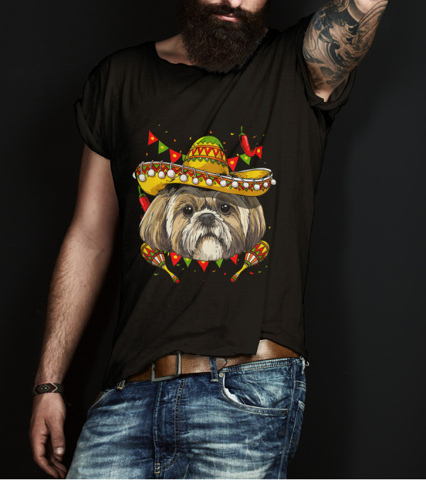 Cinco De Mayo Shih Tzu Sombrero Maracas Chili Peppers Fiesta T-Shirt