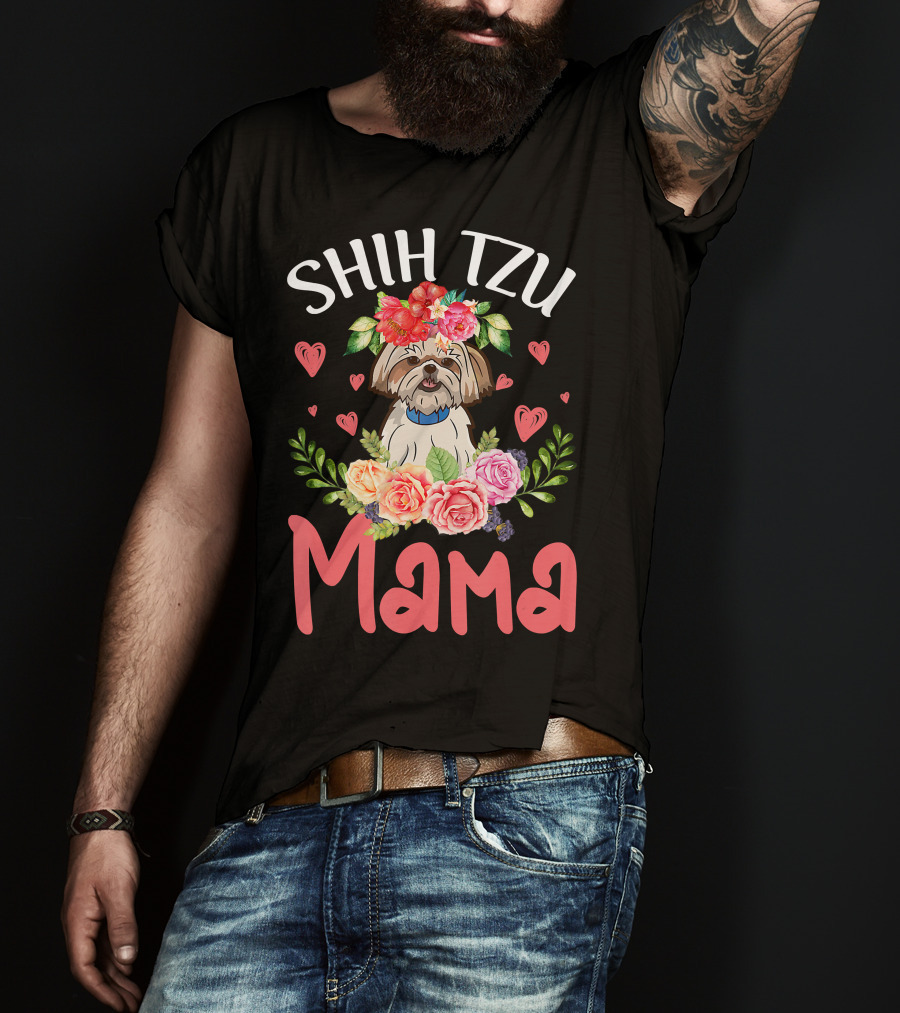 Shih Tzu Mama With Floral Heart Accents T-Shirt