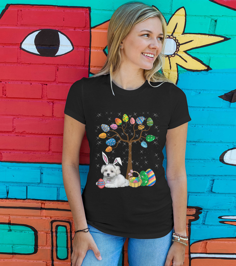 Maltese Dog With Bunny Ears Hunting Easter Eggs On Egg Tree T-Shirt