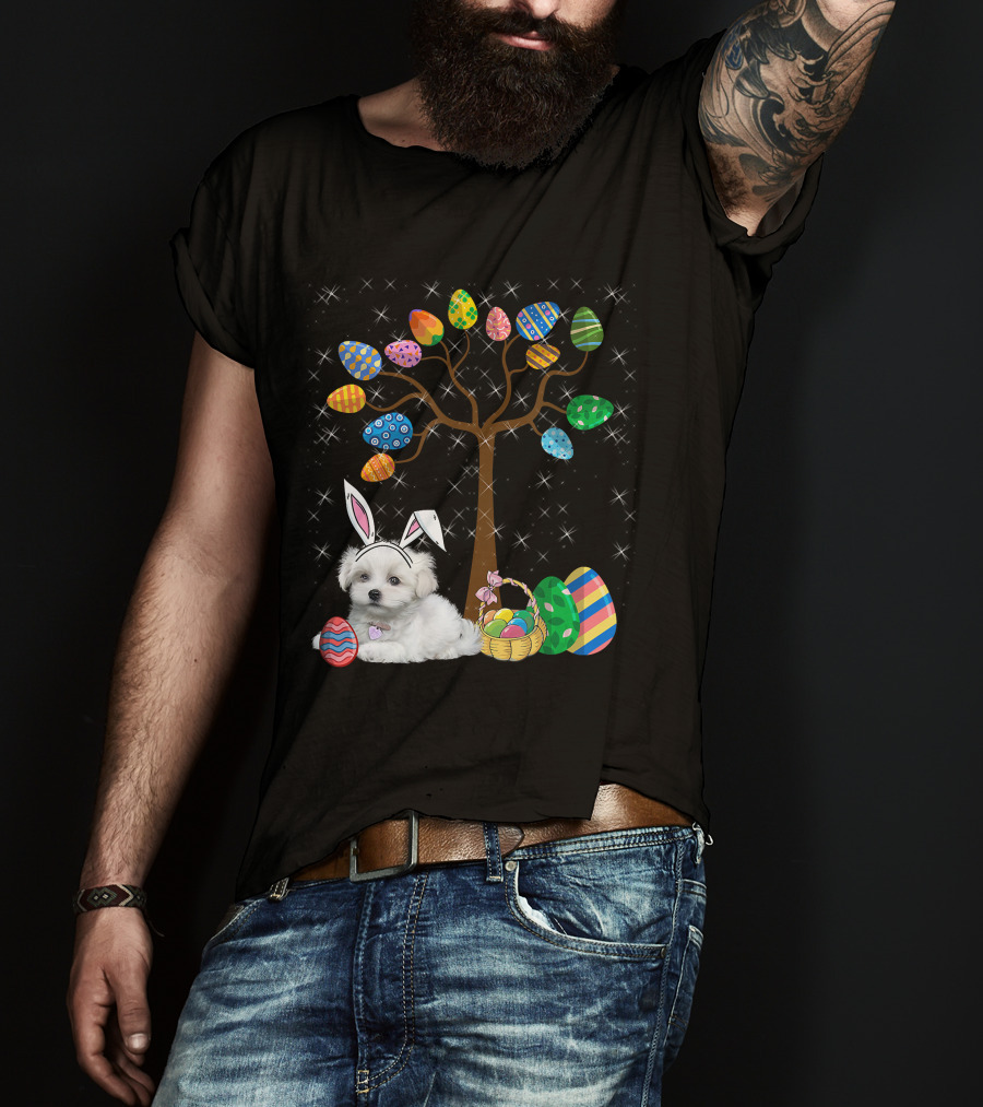 Maltese Dog With Bunny Ears Hunting Easter Eggs On Egg Tree T-Shirt