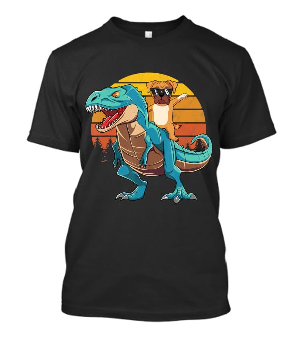Boxer Dog With Sunglasses Riding Blue T-Rex Against Sunset Background T-Shirt