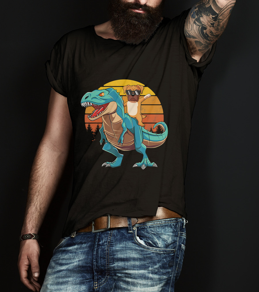 Boxer Dog With Sunglasses Riding Blue T-Rex Against Sunset Background T-Shirt