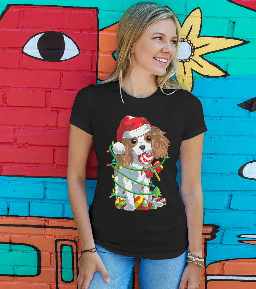Cute Cavalier King Charles Spaniel Dog In Santa Hat With Christmas Lights And Candy Cane T-Shirt