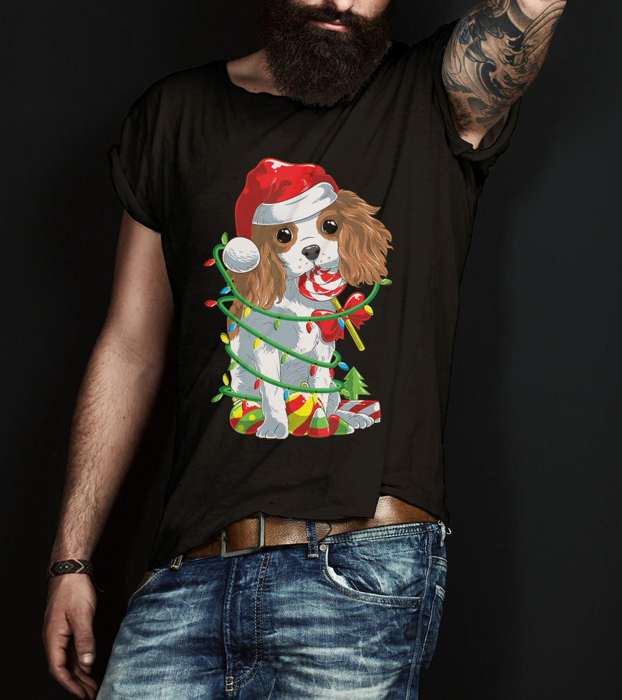 Cute Cavalier King Charles Spaniel Dog In Santa Hat With Christmas Lights And Candy Cane T-Shirt