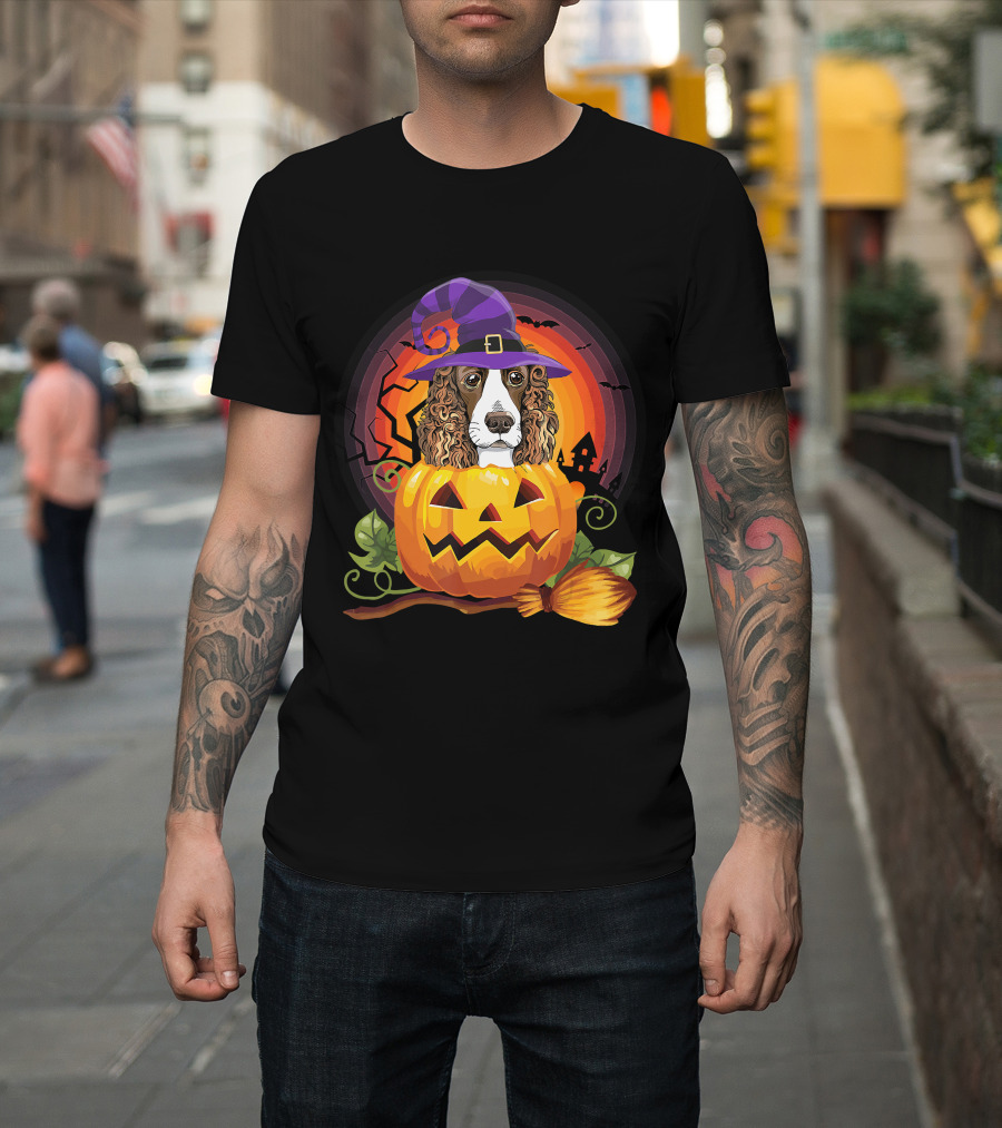 Dog Lover English Cocker Spaniel Witch Pumpkin Halloween Scene T-Shirt