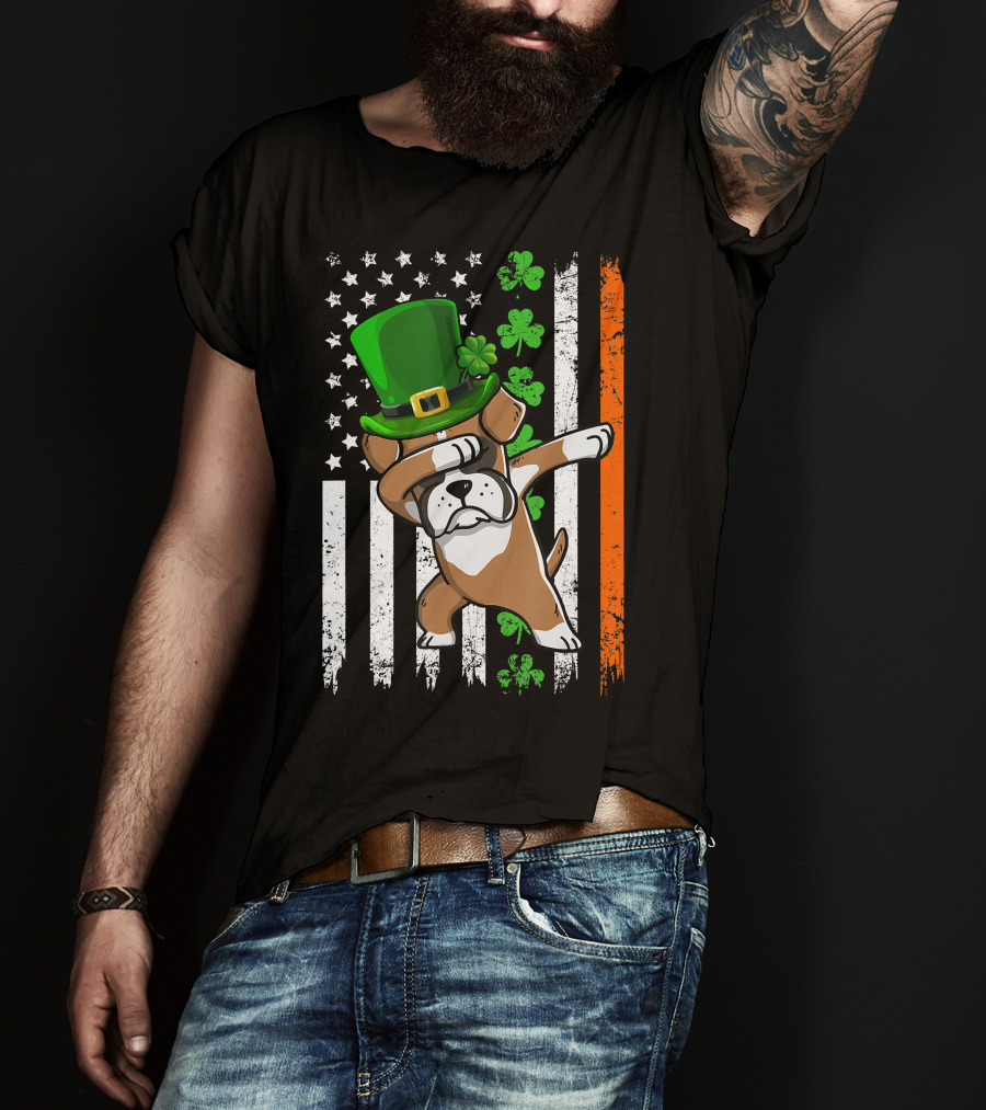 Dabbing Boxer Dog Leprechaun Hat American Irish Flag T-Shirt