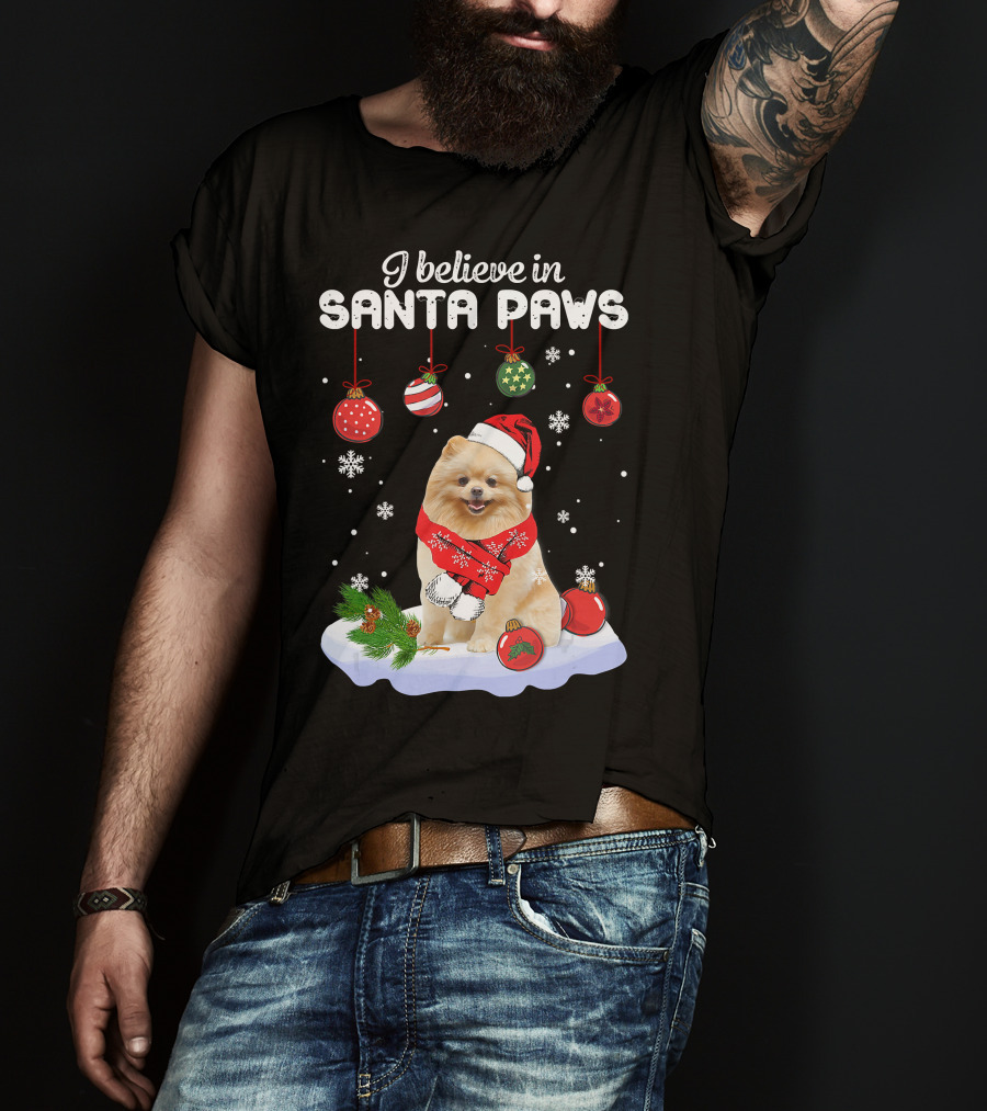 I Believe In Santa Paws Pomeranian Festive Christmas Ornaments Snowflakes T-Shirt