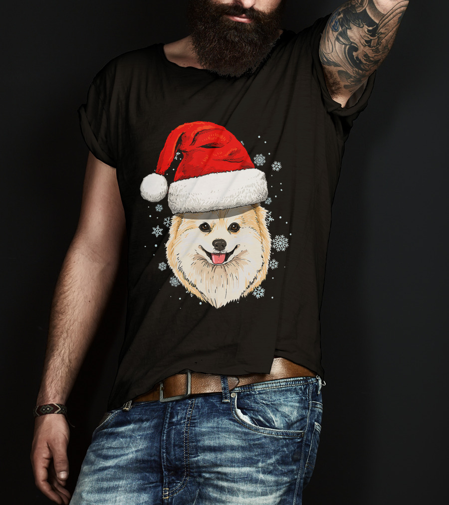 Pomeranian Santa Hat Snowflakes Christmas T-Shirt