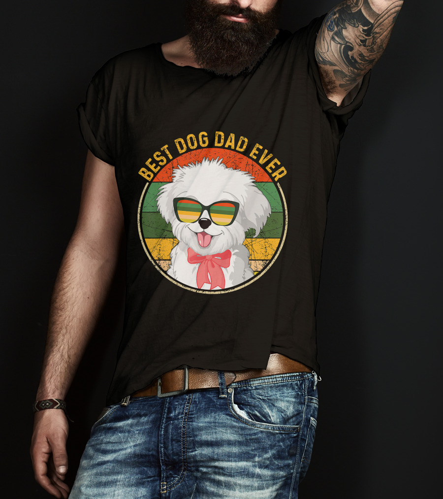 Best Dog Dad Ever Retro Vintage Maltese Sunglasses T-Shirt