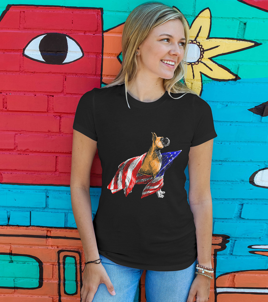 Boxer Dog Wrapped In American Flag Patriotic Symbol Dogs T-Shirt