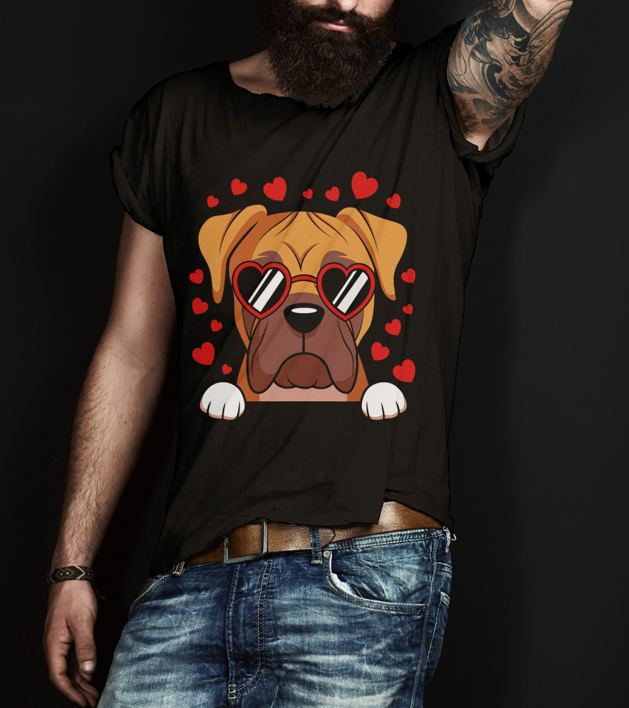 Boxer Dog Face With Red Heart Glasses Surrounded By Floating Hearts T-Shirt