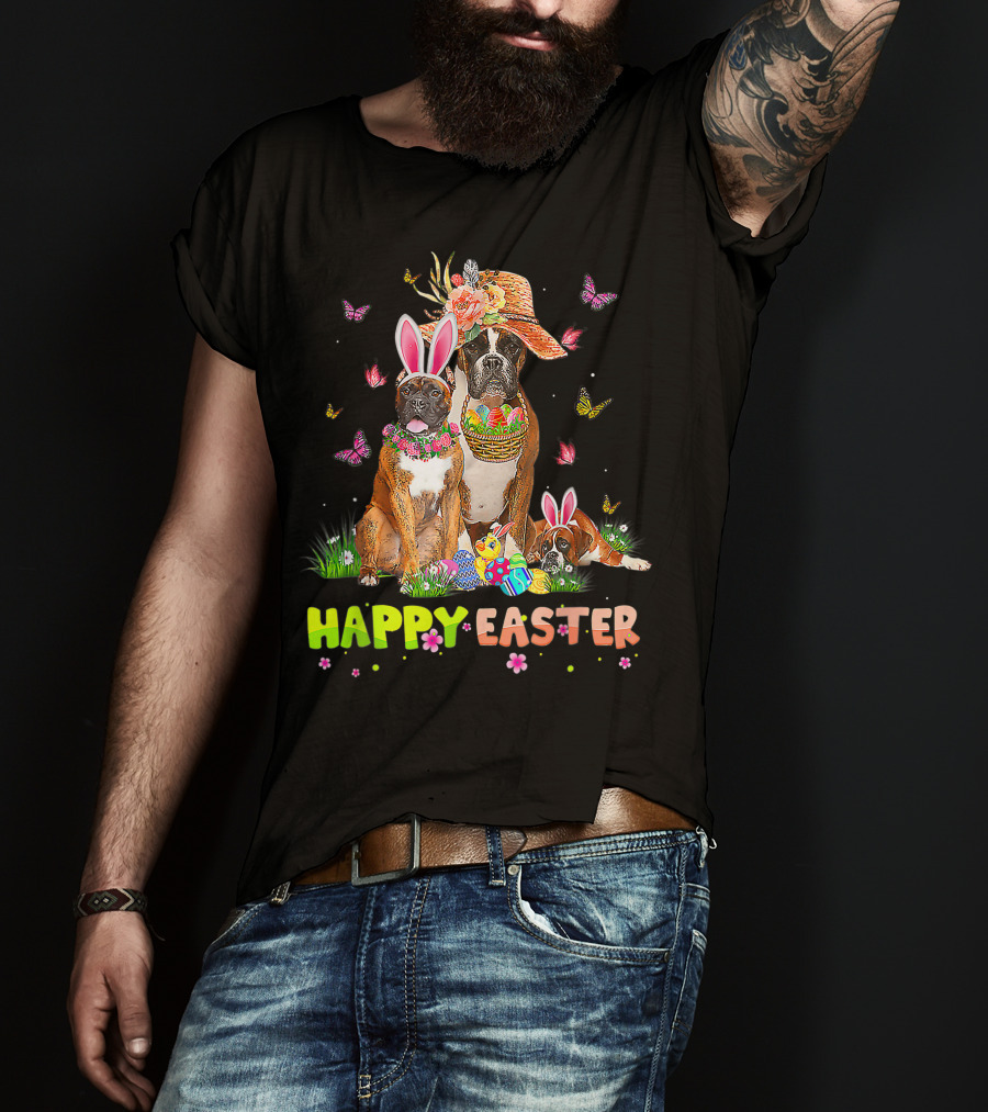 Happy Easter Boxer Dogs Bunny Ears Eggs And Butterflies T-Shirt