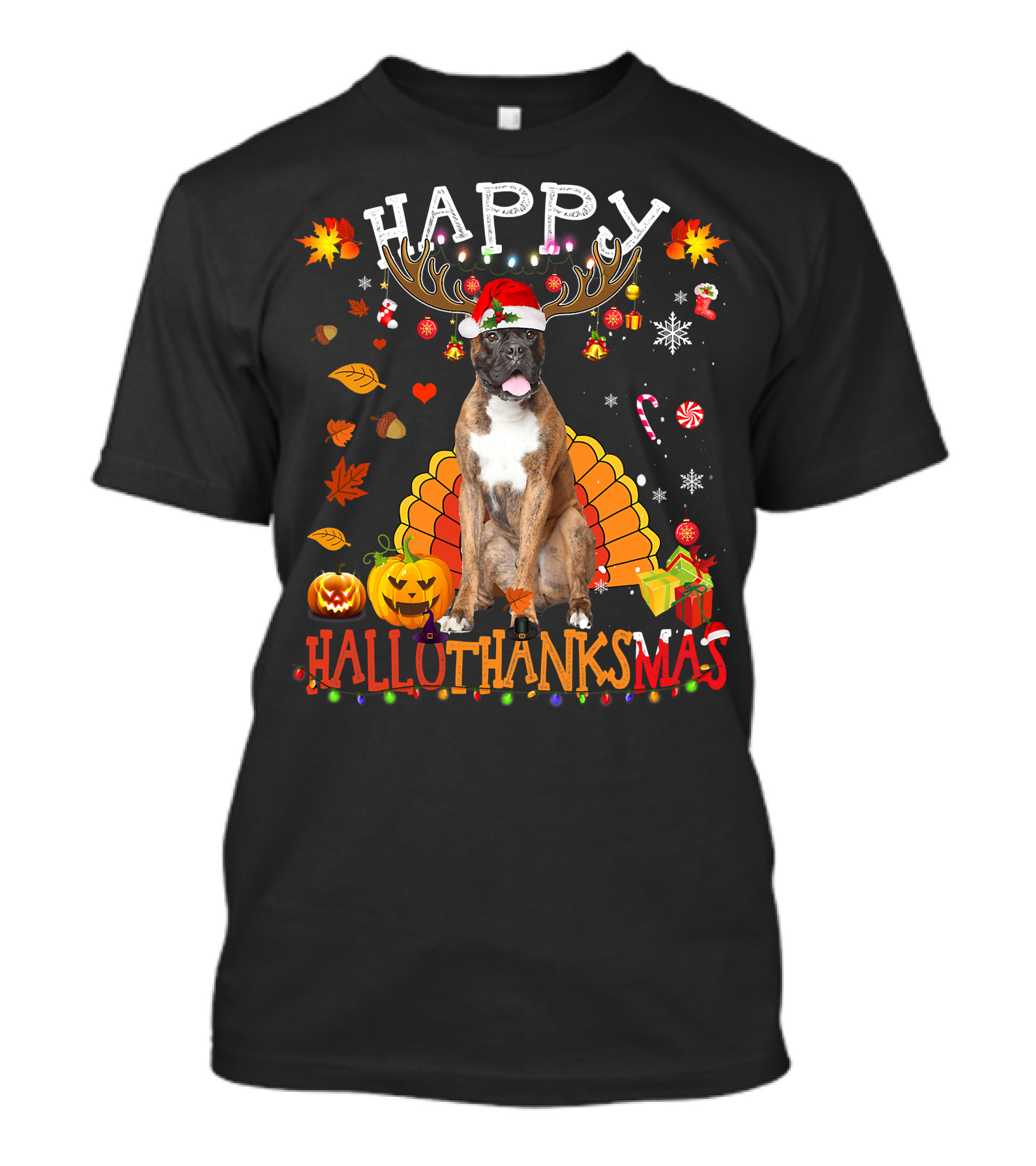 Happy Hallothanksmas Boxer Dog Halloween Turkey Christmas Lights T-Shirt