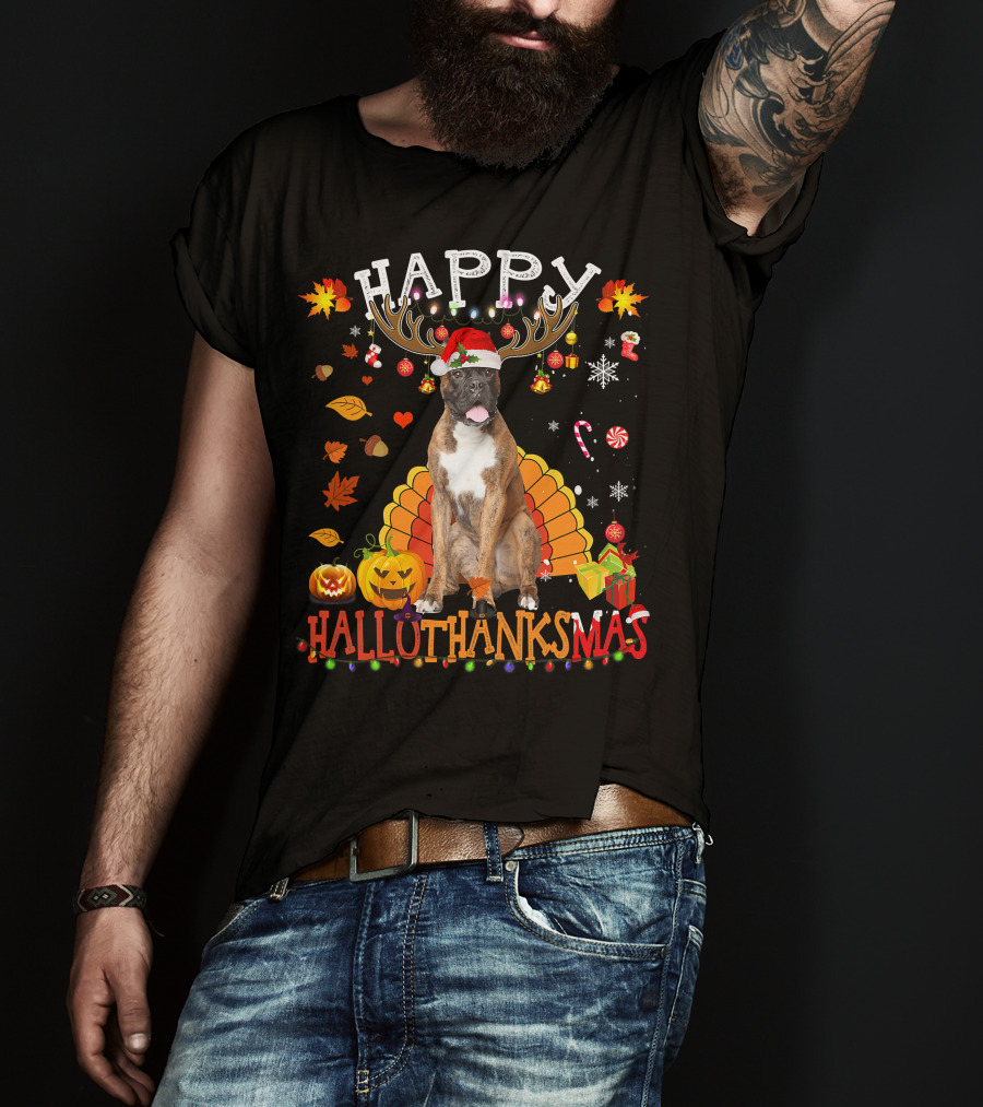 Happy Hallothanksmas Boxer Dog Halloween Turkey Christmas Lights T-Shirt