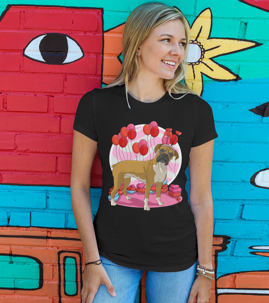 Boxer Dog With Heart Antlers And Balloons Valentine Decor T-Shirt