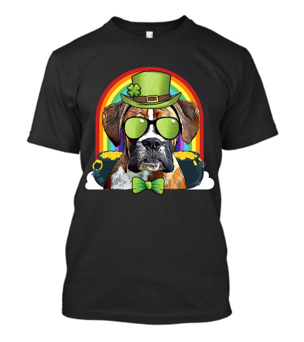 Boxer Dog Leprechaun Funny St Patricks Rainbow Hat Bow Tie Shamrocks T-Shirt