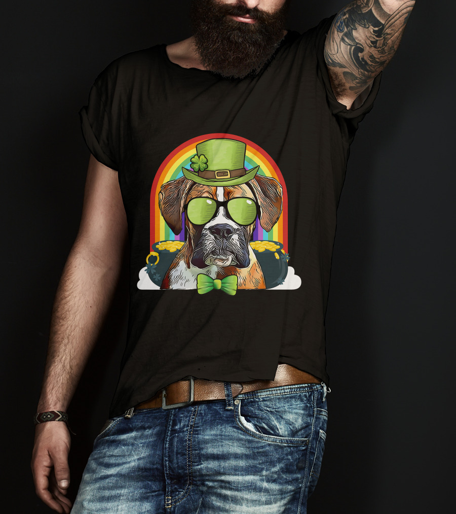 Boxer Dog Leprechaun Funny St Patricks Rainbow Hat Bow Tie Shamrocks T-Shirt