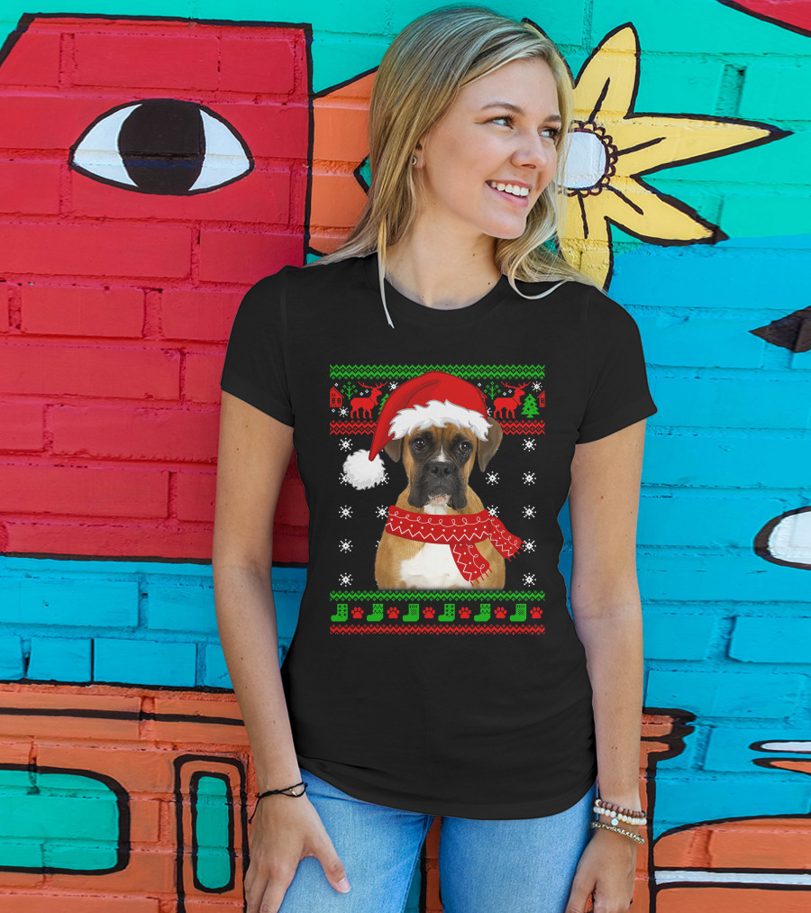 Boxer Dog Christmas Puppy Ugly Sweater Santa Hat Reindeer Snowflakes T-Shirt