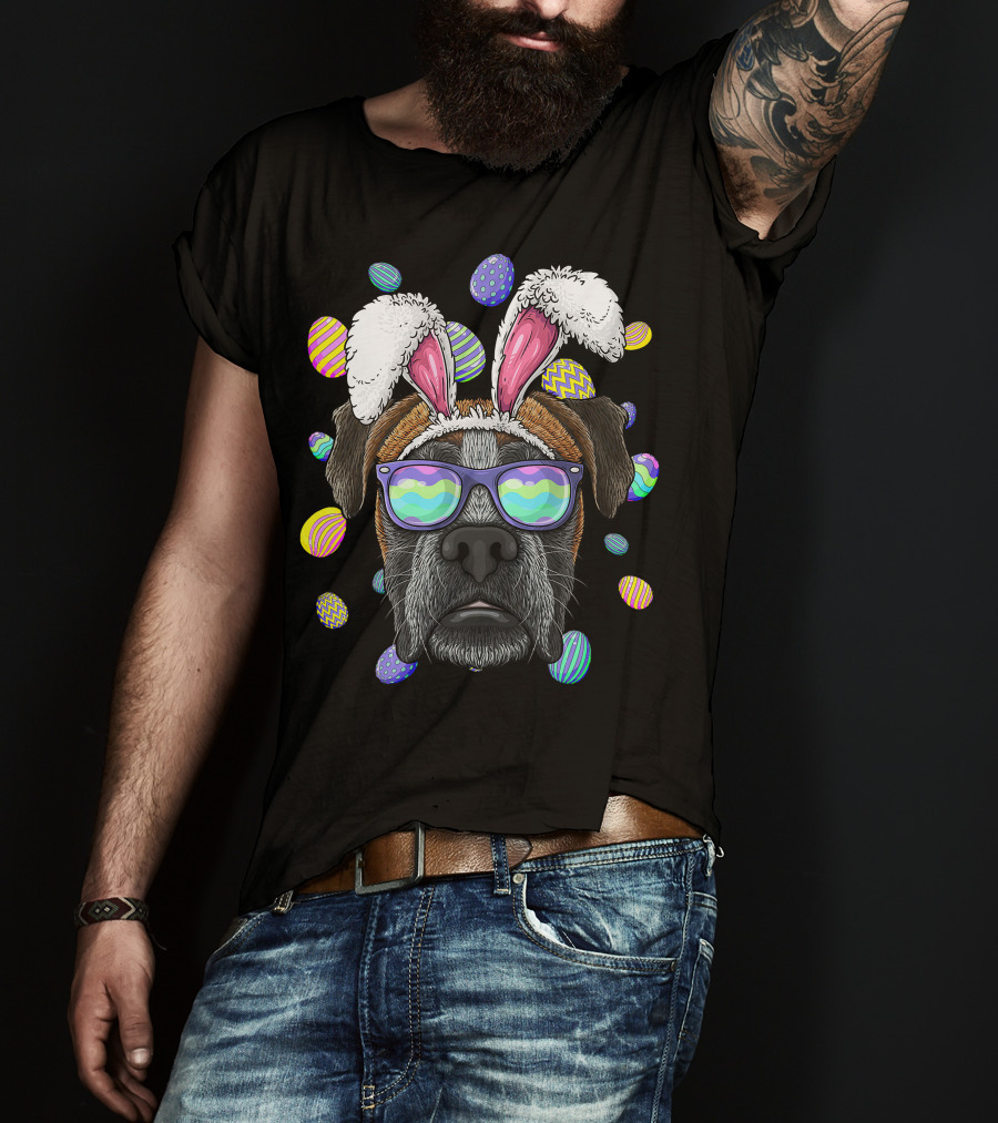 Boxer Dog With Bunny Ears And Sunglasses Surrounded By Colorful Easter Eggs T-Shirt