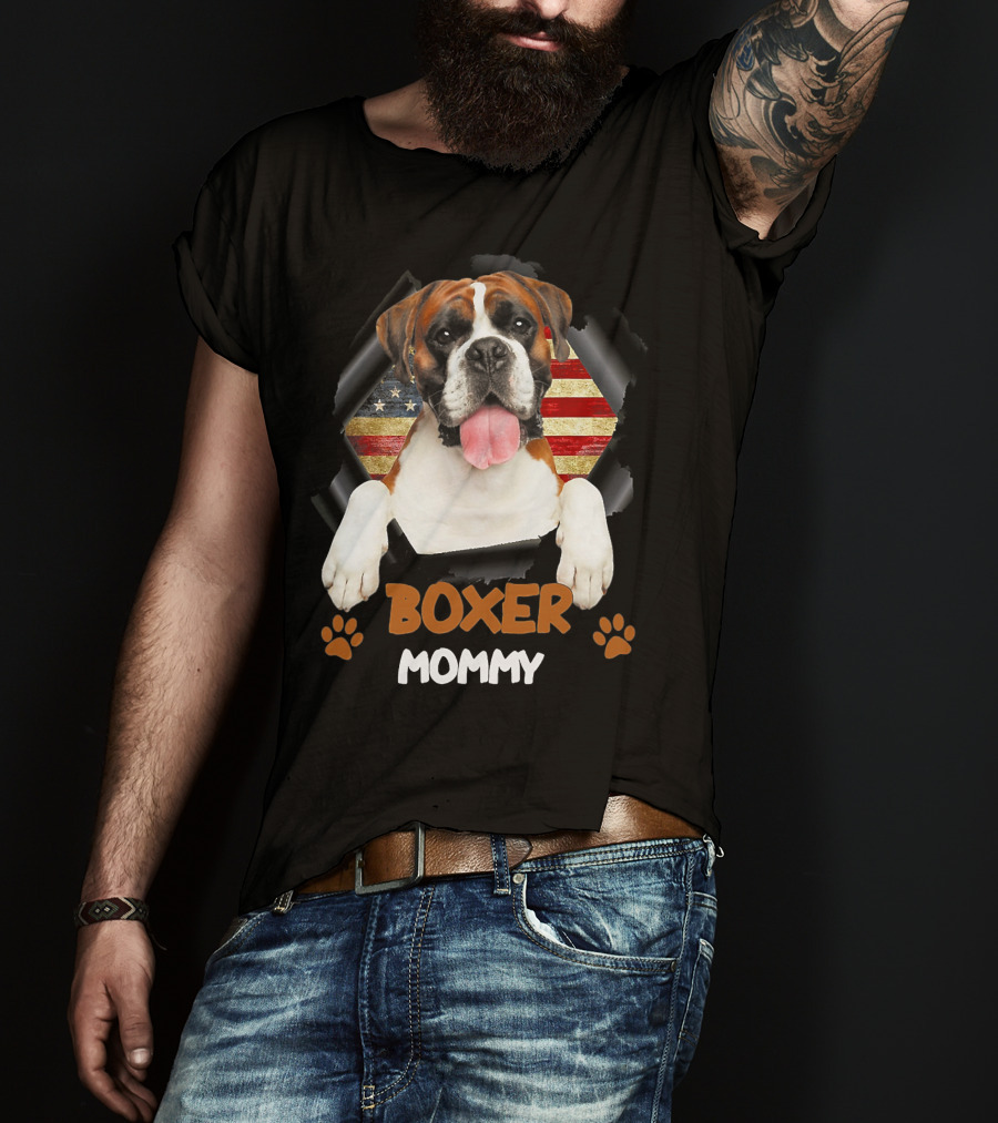Boxer Mommy Dog With Torn American Flag Background T-Shirt