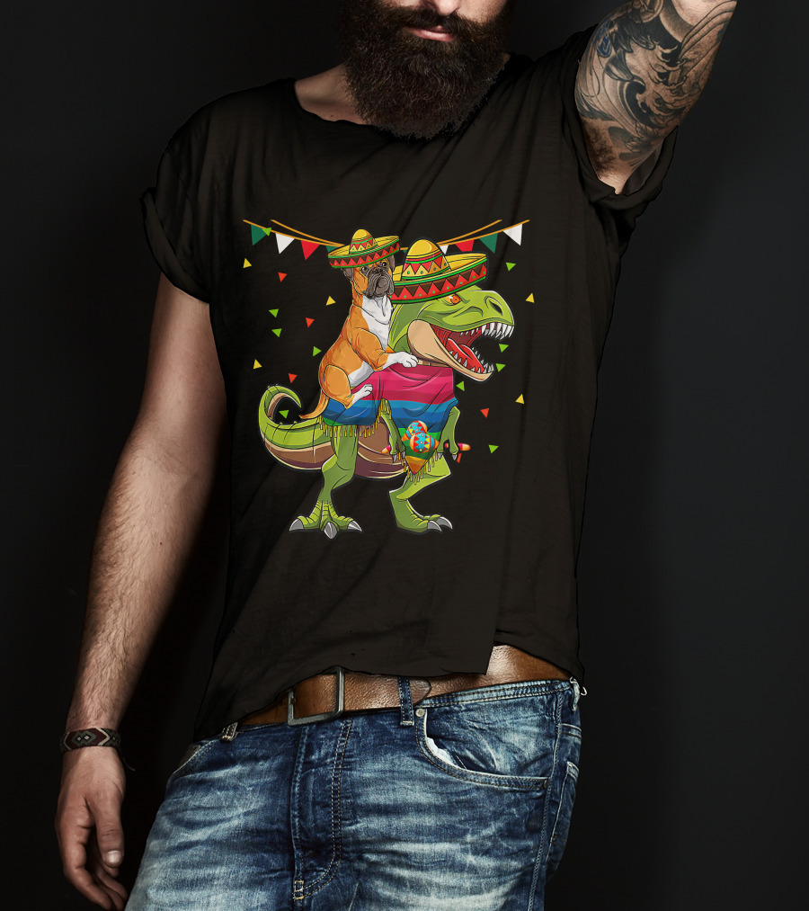 Boxer Dog With Sombrero Riding Dinosaur Rex Fiesta Flag Party T-Shirt