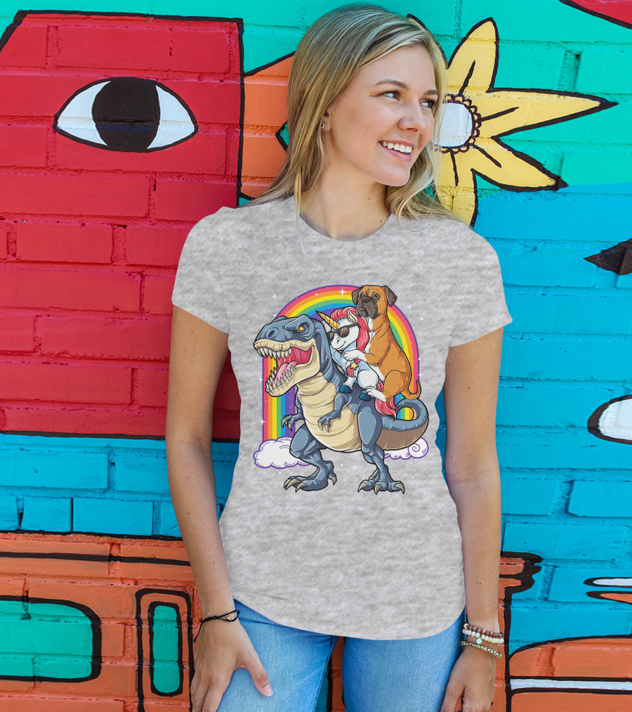 Boxer Riding Dinosaur Unicorn T-Shirt