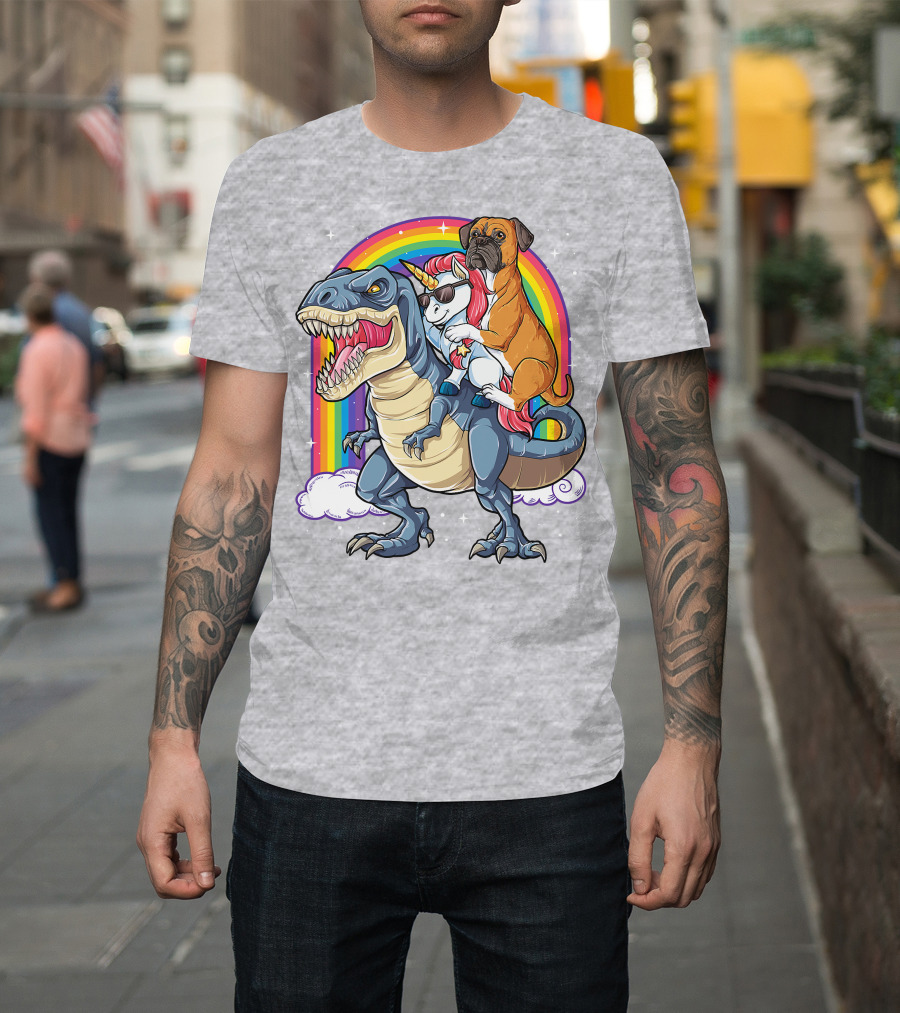 Boxer Riding Dinosaur Unicorn T-Shirt