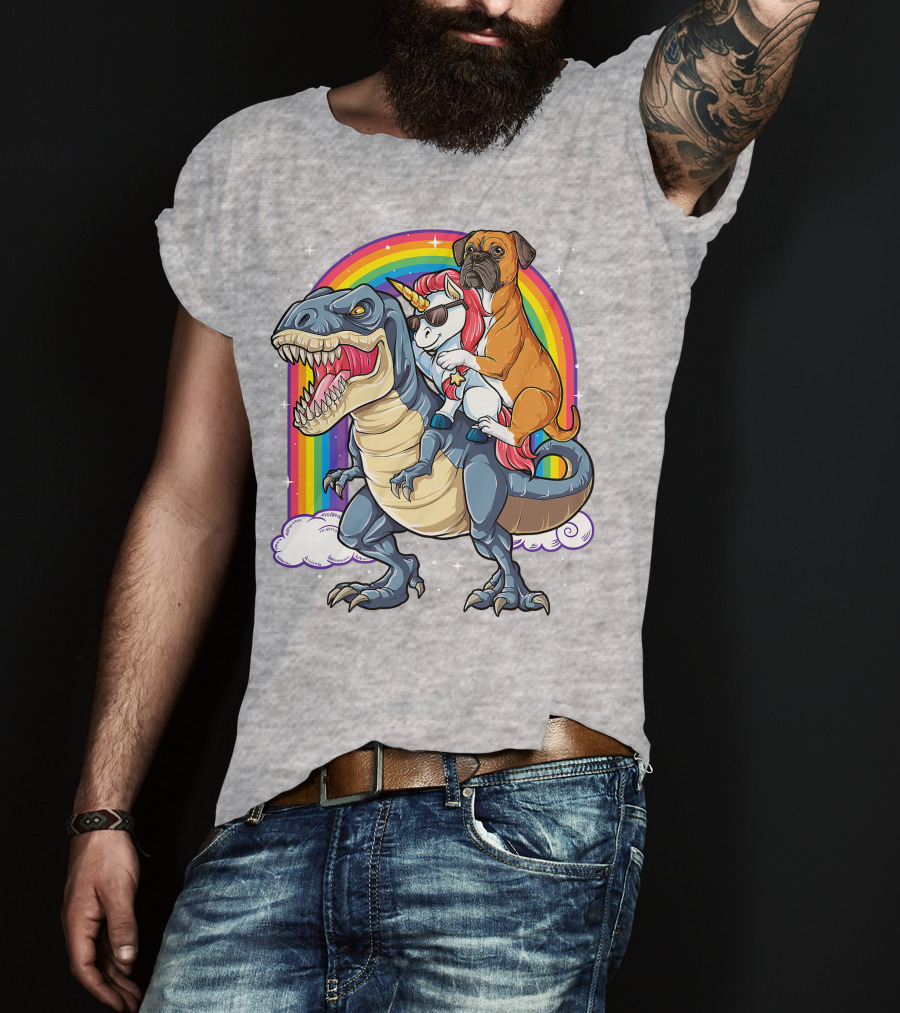 Boxer Riding Dinosaur Unicorn T-Shirt