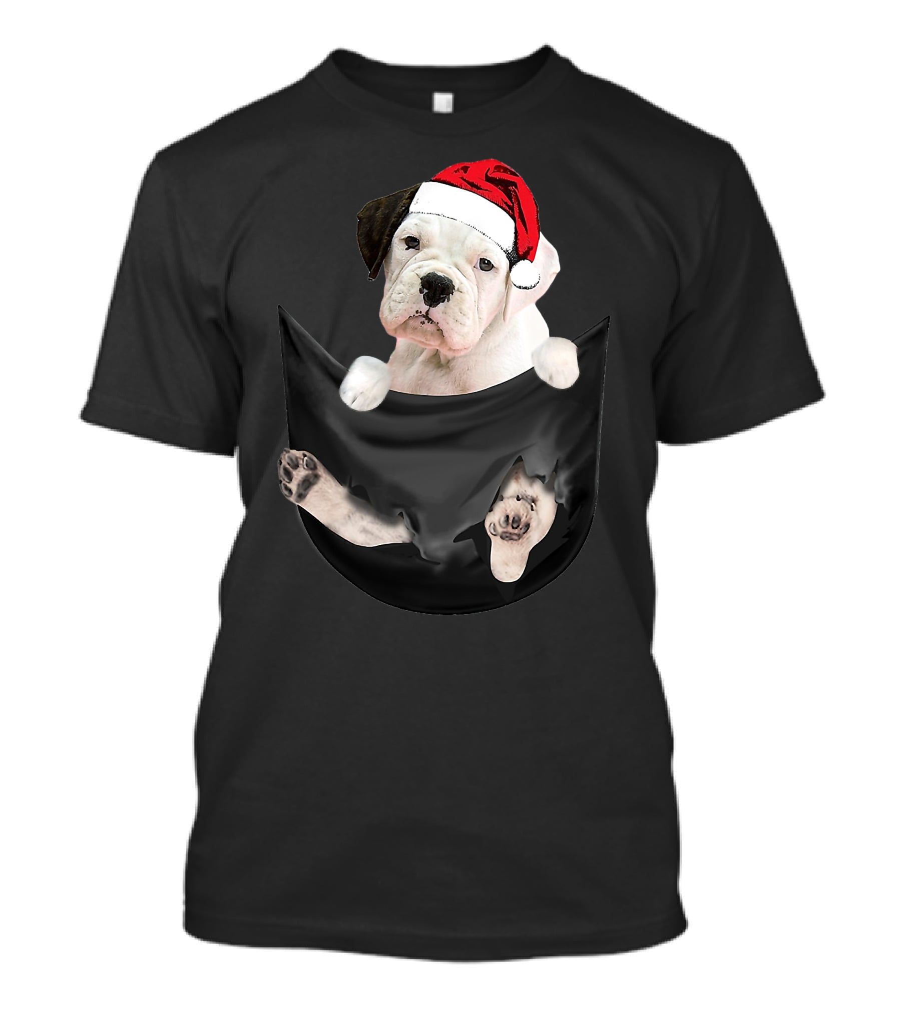 White Boxer Dog Santa Hat Christmas Pocket Mid-Length T-Shirt