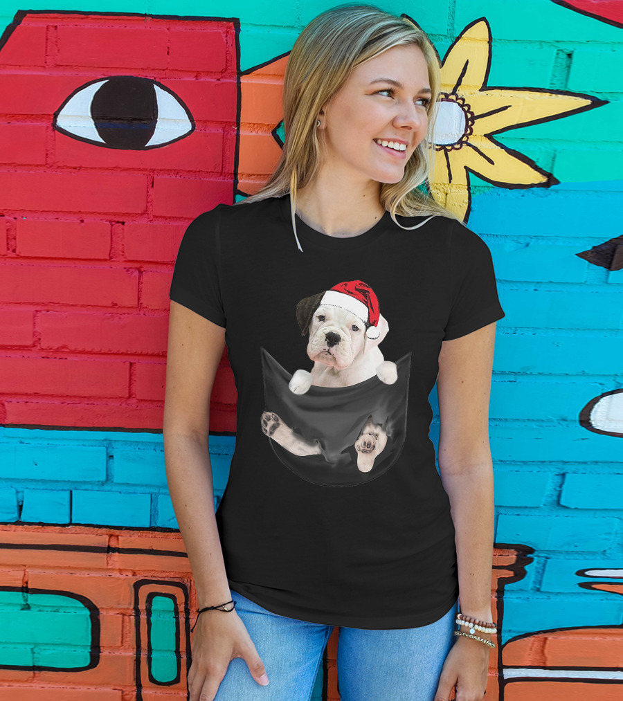 White Boxer Dog Santa Hat Christmas Pocket Mid-Length T-Shirt