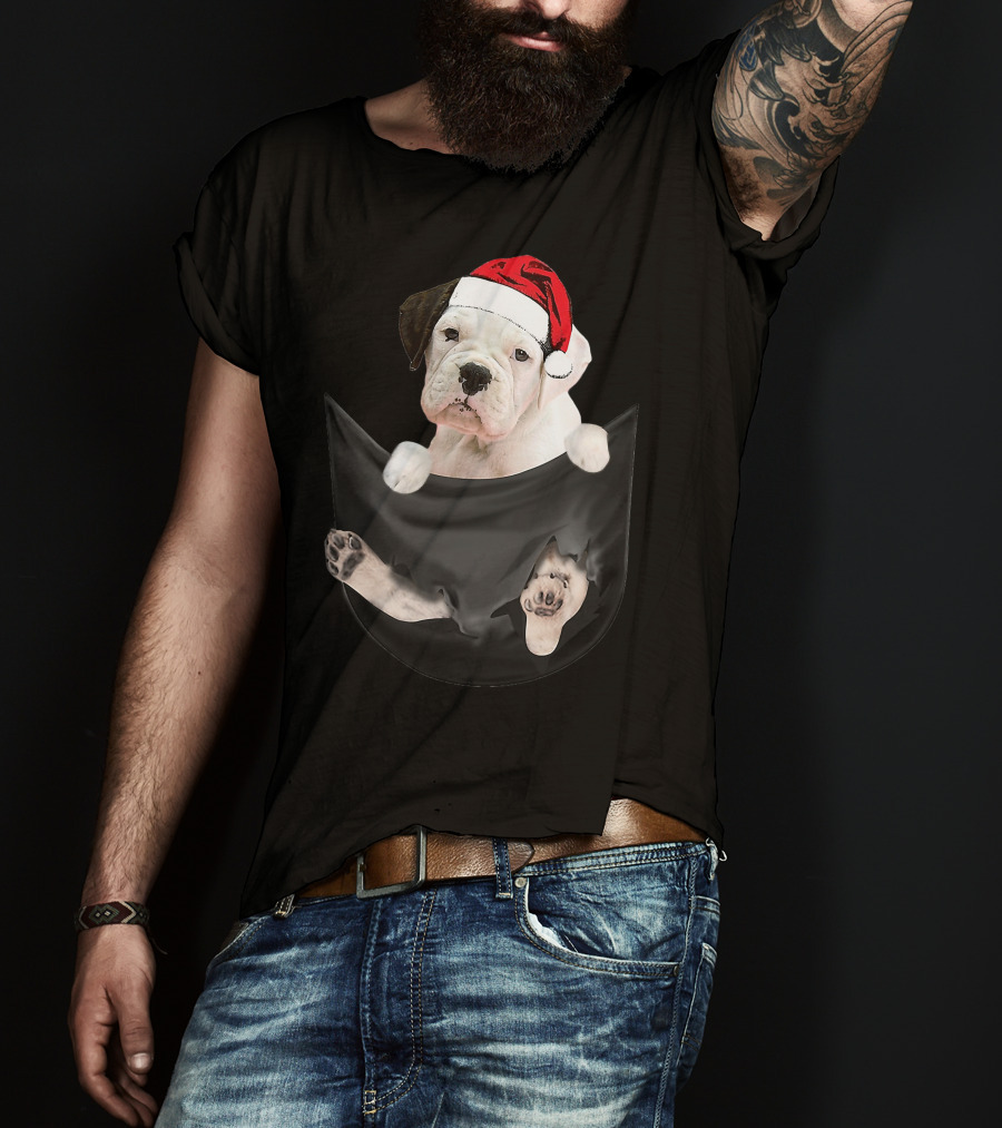 White Boxer Dog Santa Hat Christmas Pocket Mid-Length T-Shirt