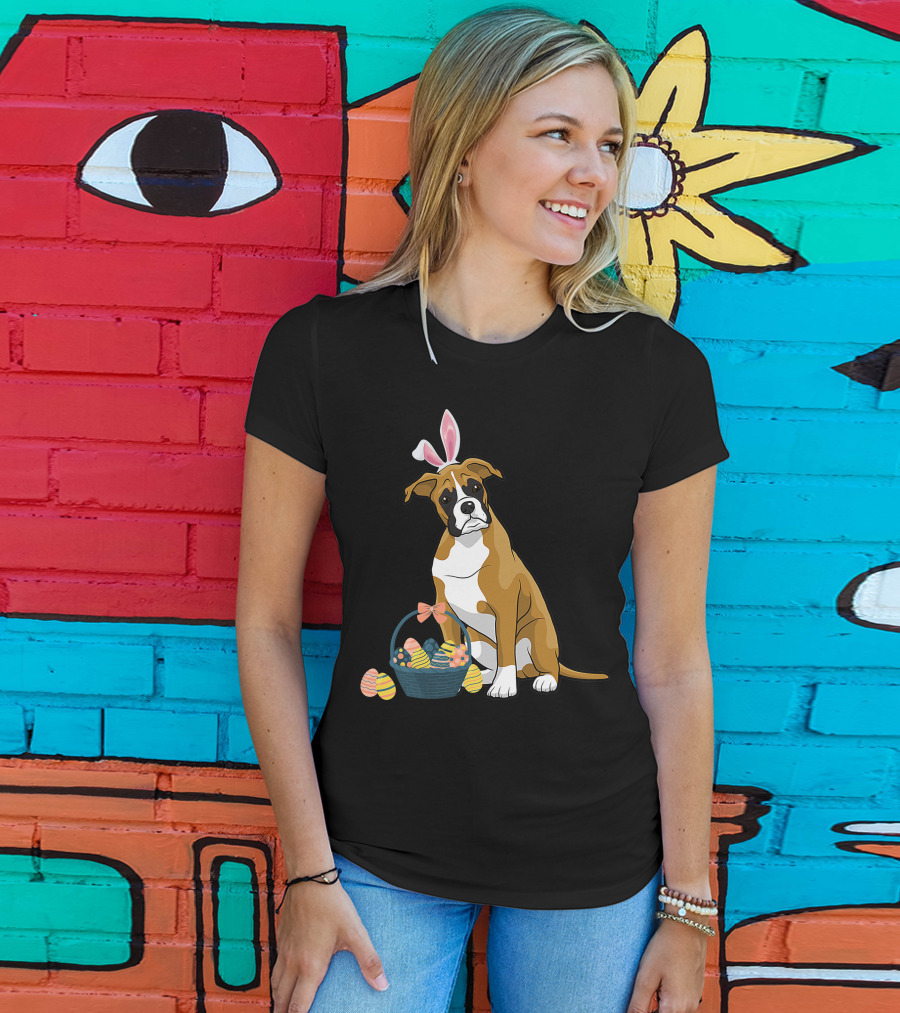 Bunny Ears Boxer Dog Cute Doge Rabbit With Easter Eggs Basket T-Shirt