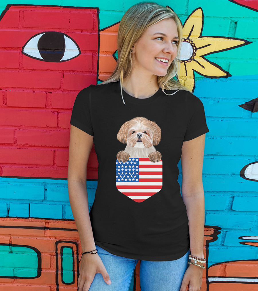 Shih Tzu Dog In American Flag Pocket T-Shirt