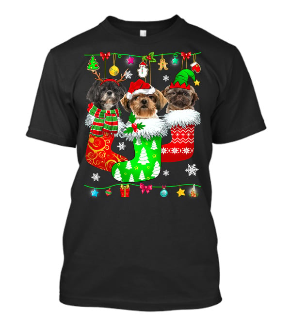 Christmas Shih Tzu Dogs In Festive Holiday Socks Pajama Lover T-Shirt