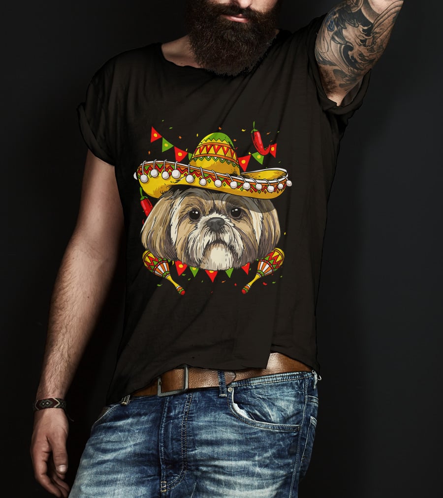 Cinco De Mayo Shih Tzu Sombrero Men Women Kids Festive Dog Maracas Fiesta T-Shirt