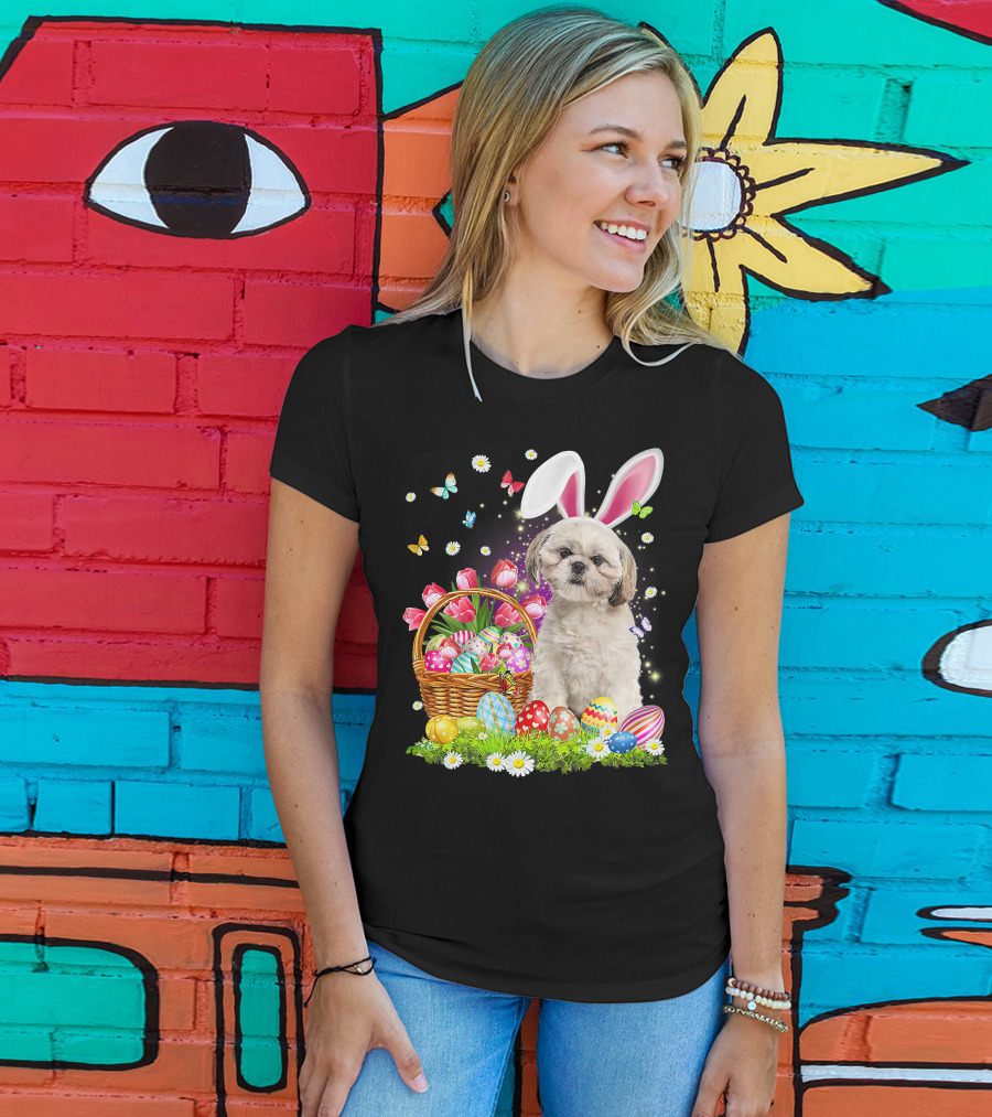 Shih Tzu Bunny Ears With Easter Eggs And Flower Basket T-Shirt