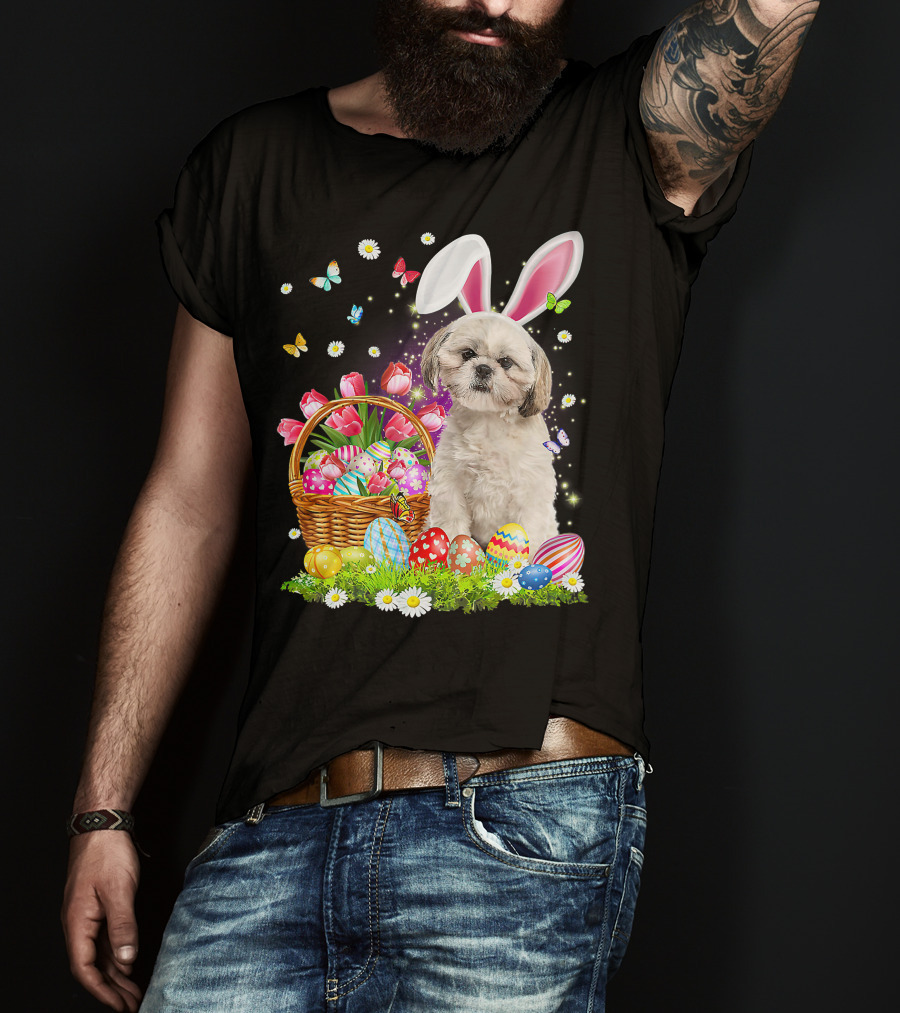 Shih Tzu Bunny Ears With Easter Eggs And Flower Basket T-Shirt