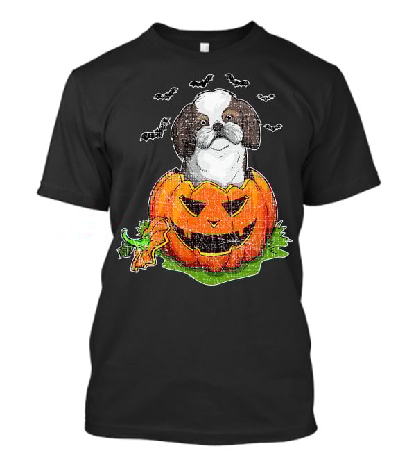 Cute Shih Tzu In Halloween Pumpkin With Bats T-Shirt