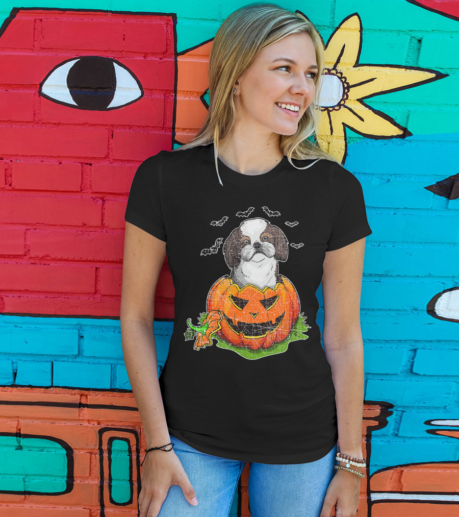 Cute Shih Tzu In Halloween Pumpkin With Bats T-Shirt